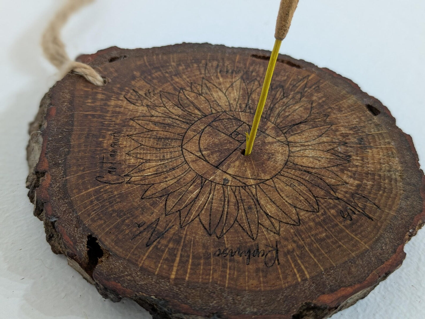 Oak wood slice sunflower and Fibonacci sequence print pendulum board.