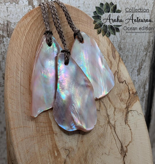 Medium high Iridescent NZ Freshwater Pink Mussel Shell Pendant – Natural Tumbled, Rainbow Shine, Hand-Polished Shell Jewellery
