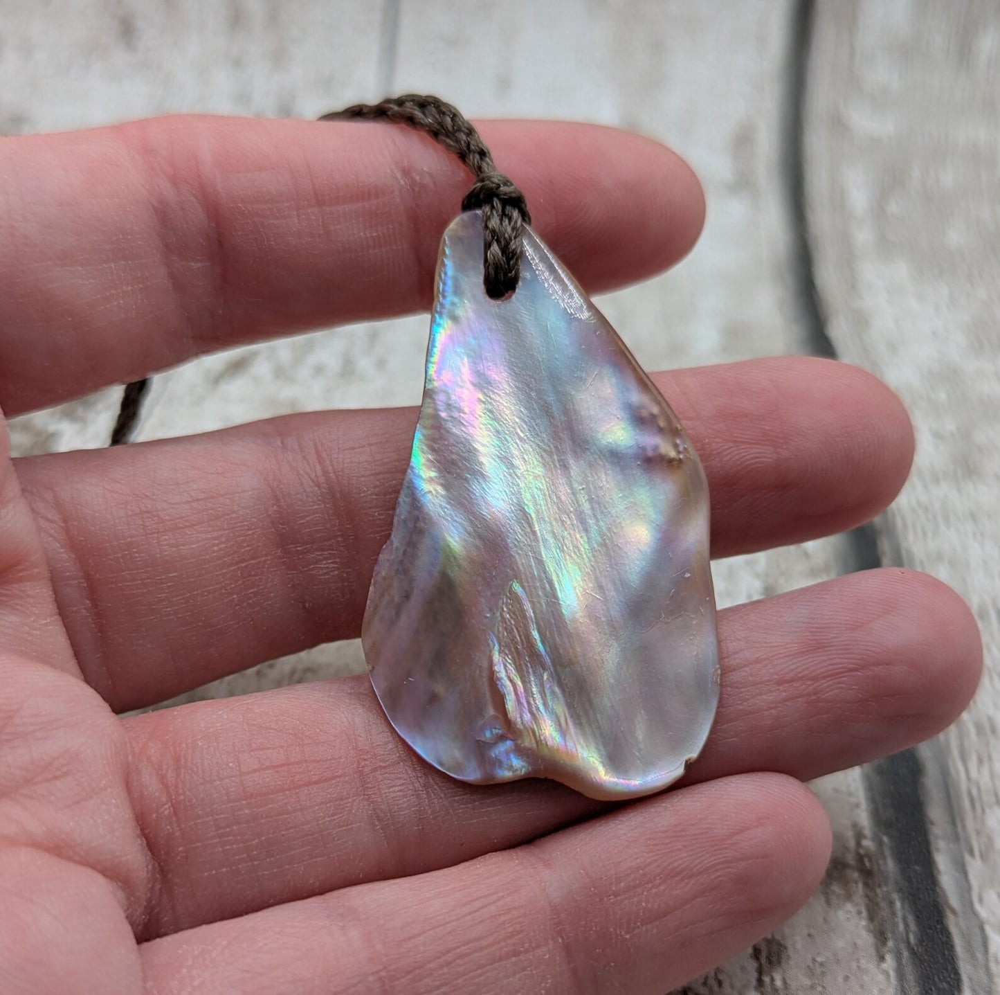 Medium high Iridescent NZ Freshwater Pink Mussel Shell Pendant – Natural Tumbled, Rainbow Shine, Hand-Polished Shell Jewellery