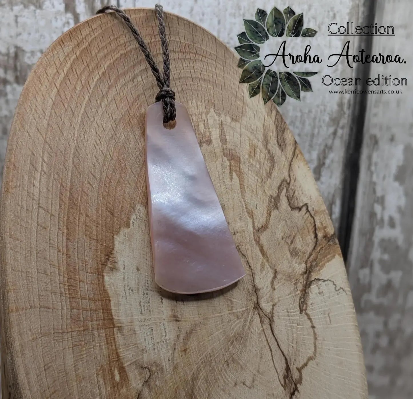 NZ Pink Freshwater Mussel Shell Roimata Trapezoid Pendant – Carved Teardrop with Pearlescent & Natural Shell Sides.