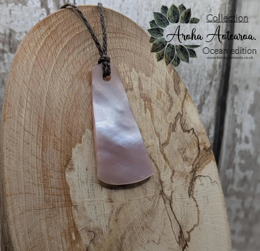 NZ Pink Freshwater Mussel Shell Roimata Trapezoid Pendant – Carved Teardrop with Pearlescent & Natural Shell Sides.