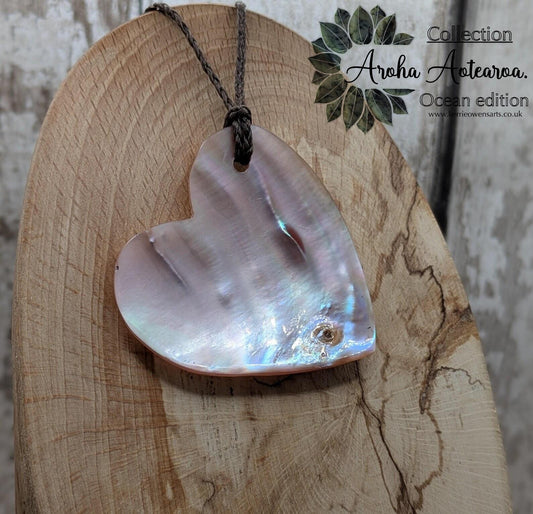 NZ Pink Freshwater Mussel Shell Heart Pendant – Pearlescent Natural Shell on Braided Waxed Cord, romantic gift.