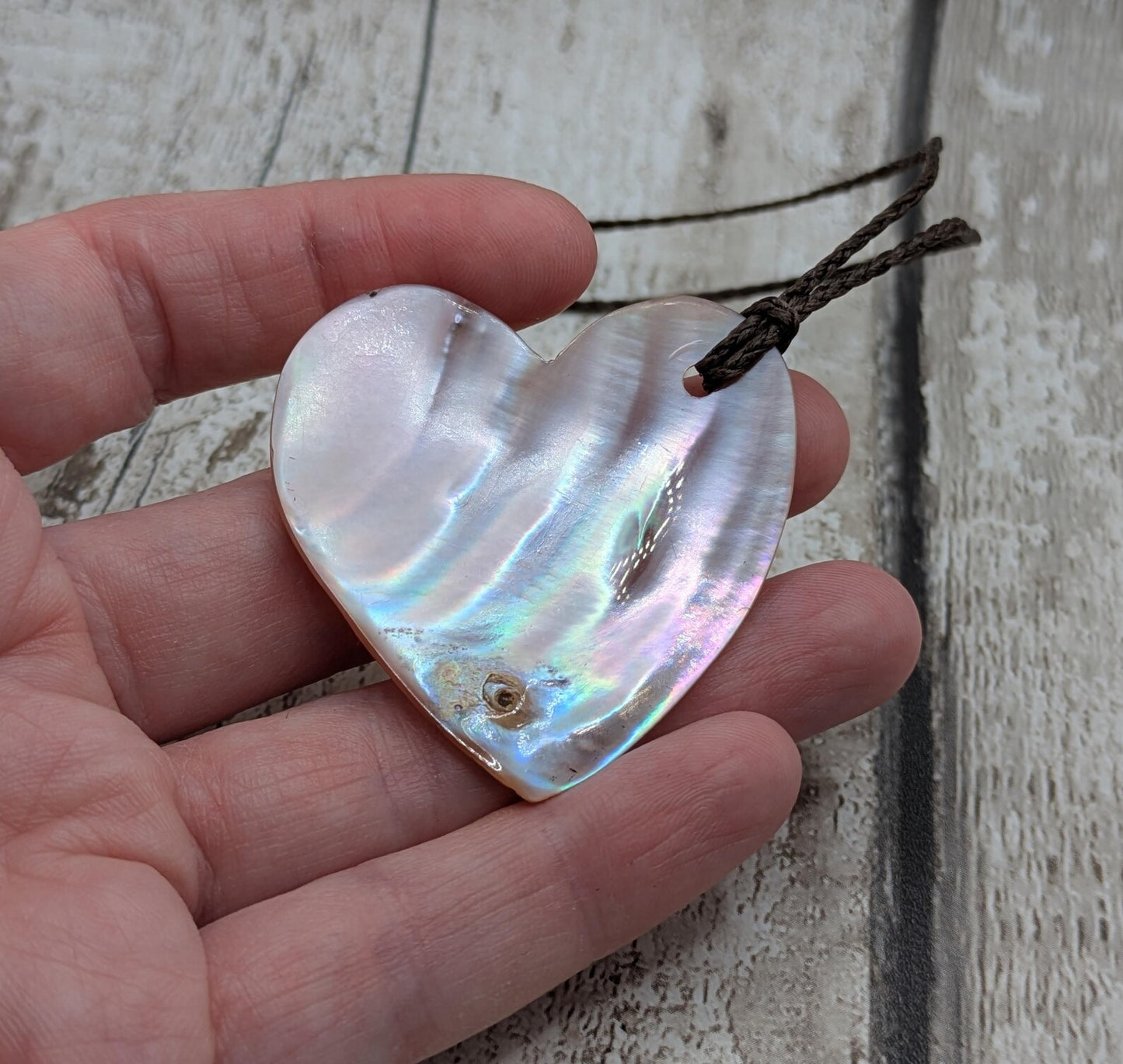 NZ Pink Freshwater Mussel Shell Heart Pendant – Pearlescent Natural Shell on Braided Waxed Cord, romantic gift.