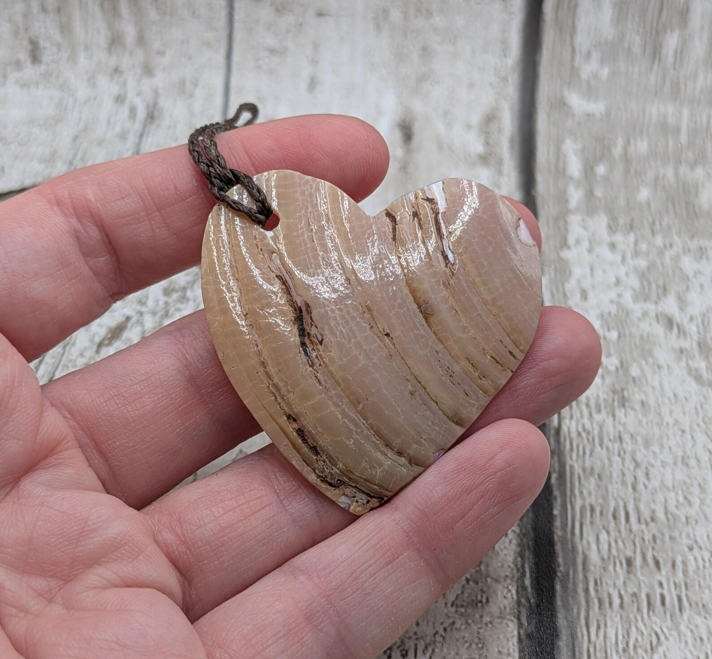 NZ Pink Freshwater Mussel Shell Heart Pendant – Pearlescent Natural Shell on Braided Waxed Cord, romantic gift.