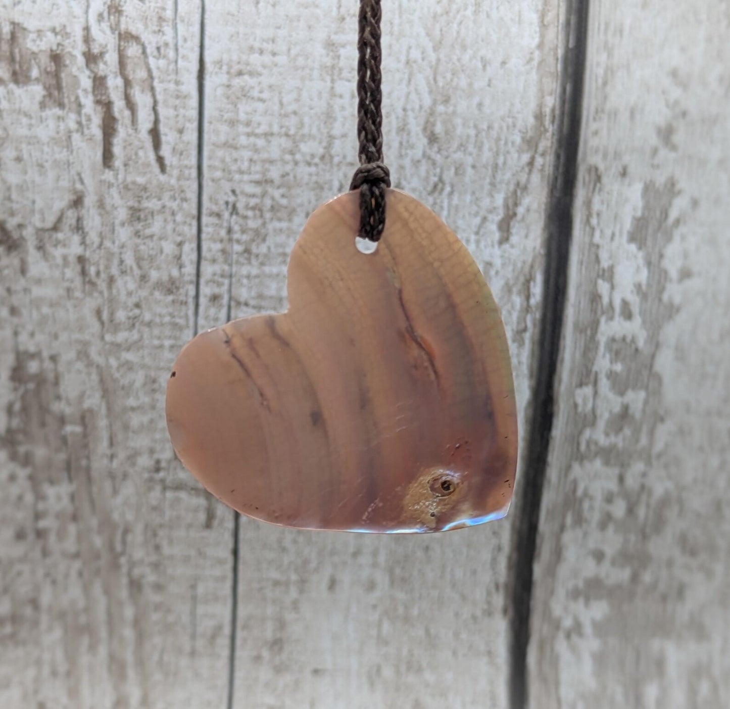 NZ Pink Freshwater Mussel Shell Heart Pendant – Pearlescent Natural Shell on Braided Waxed Cord, romantic gift.