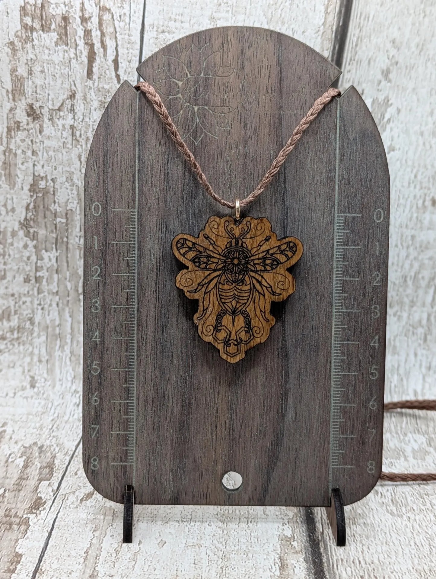 Oak wood, laser printed bumble bee pendant.