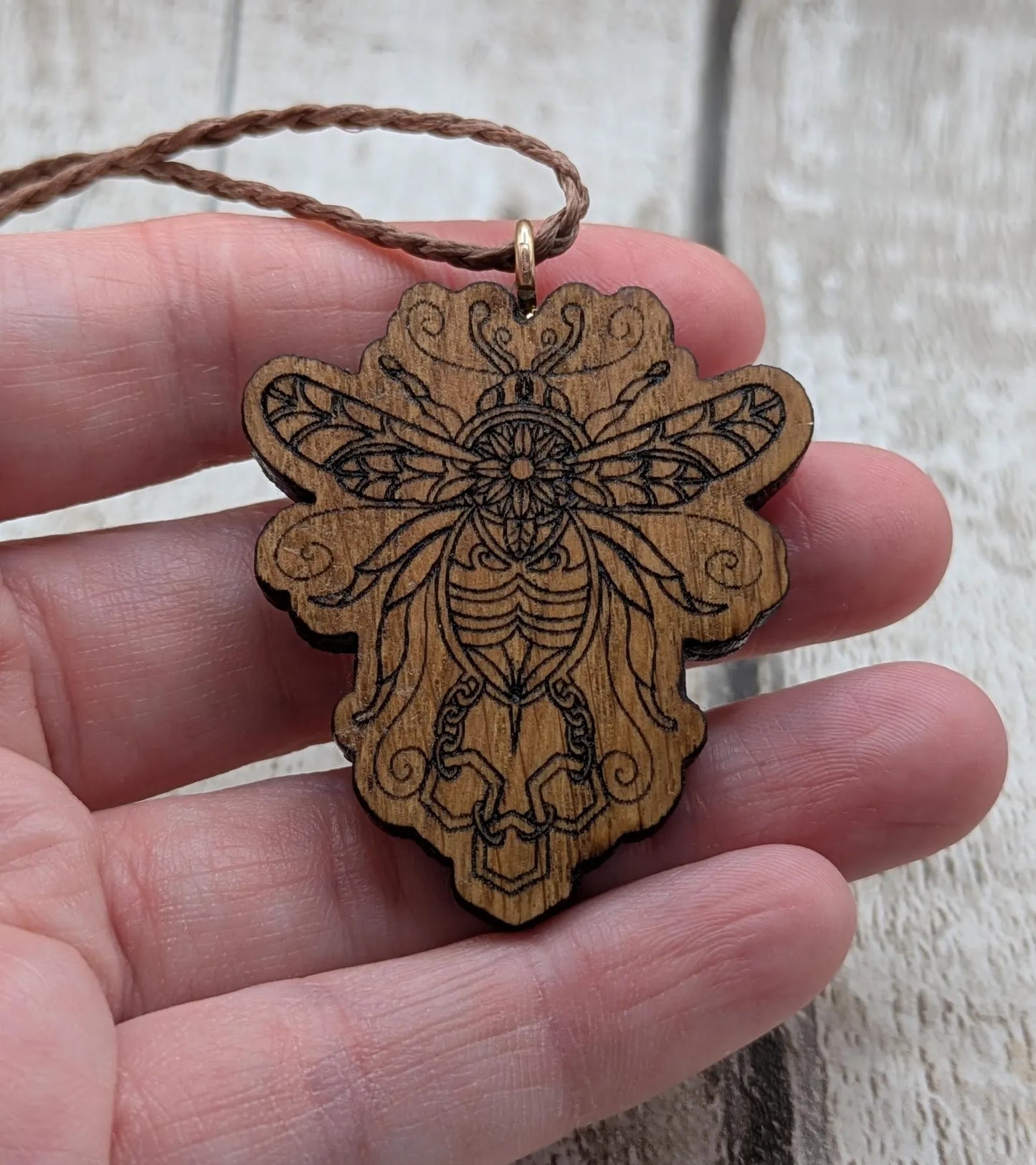 Oak wood, laser printed bumble bee pendant.