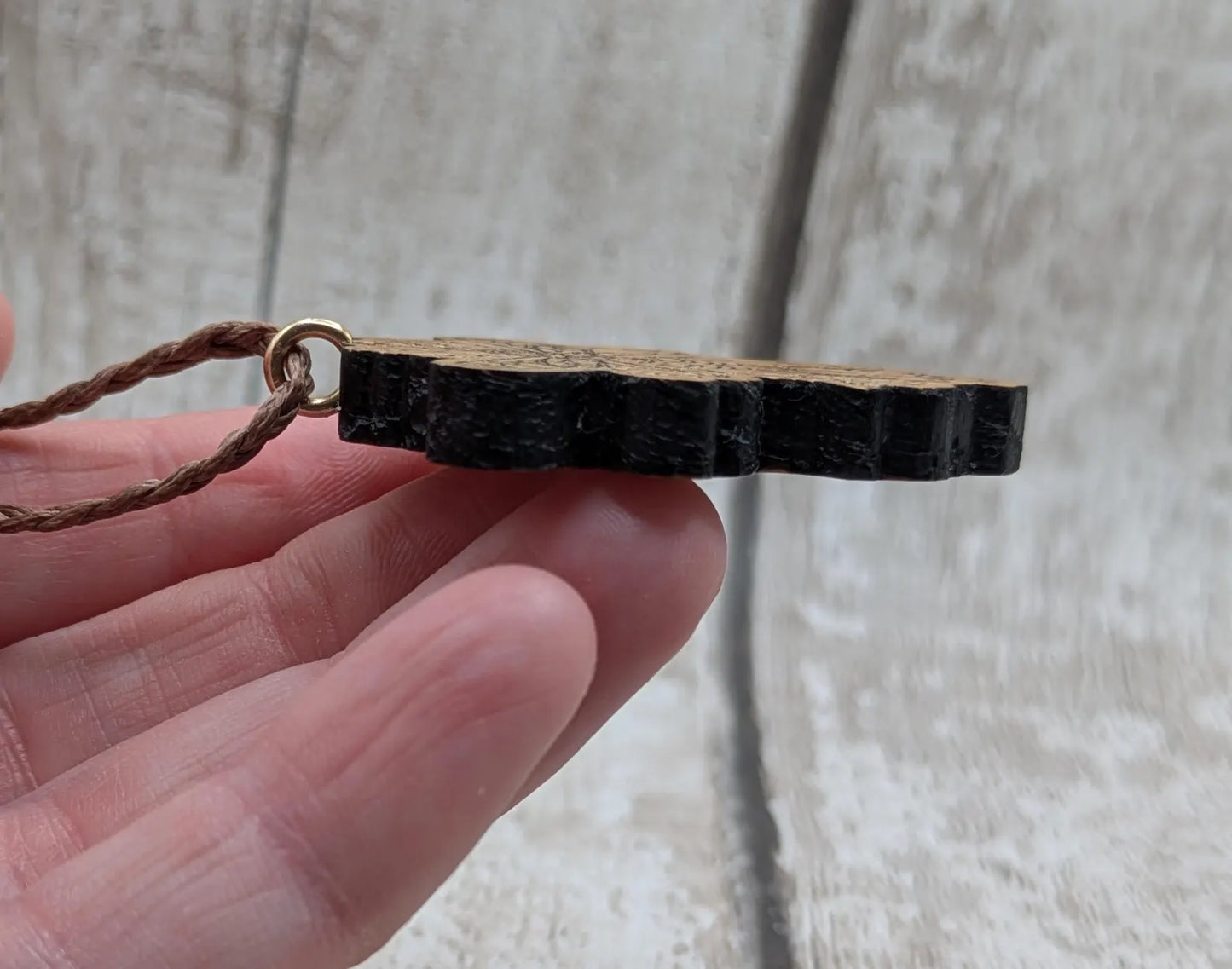 Oak wood, laser printed bumble bee pendant.