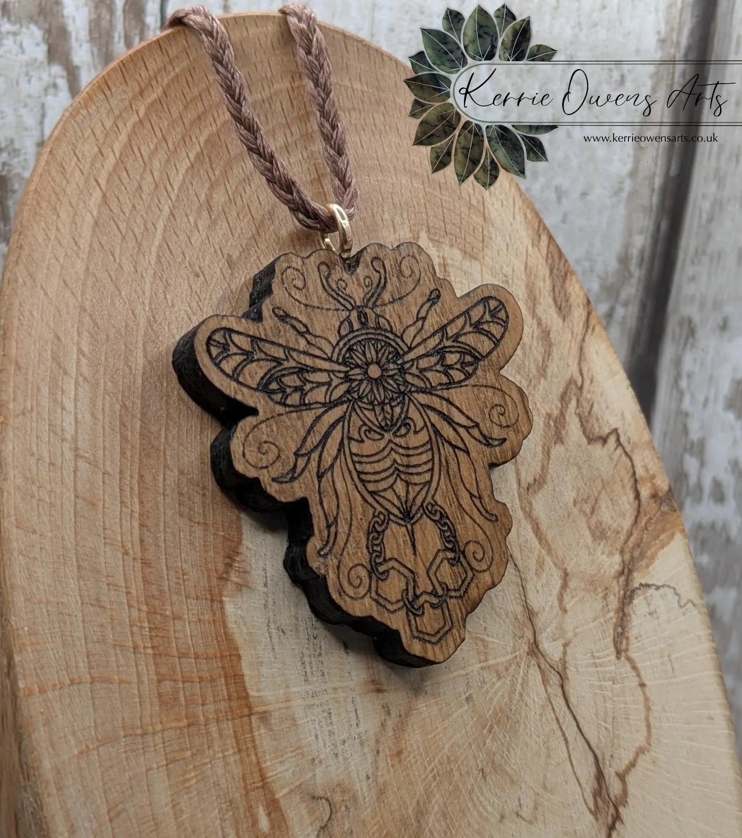 Oak wood, laser printed bumble bee pendant.