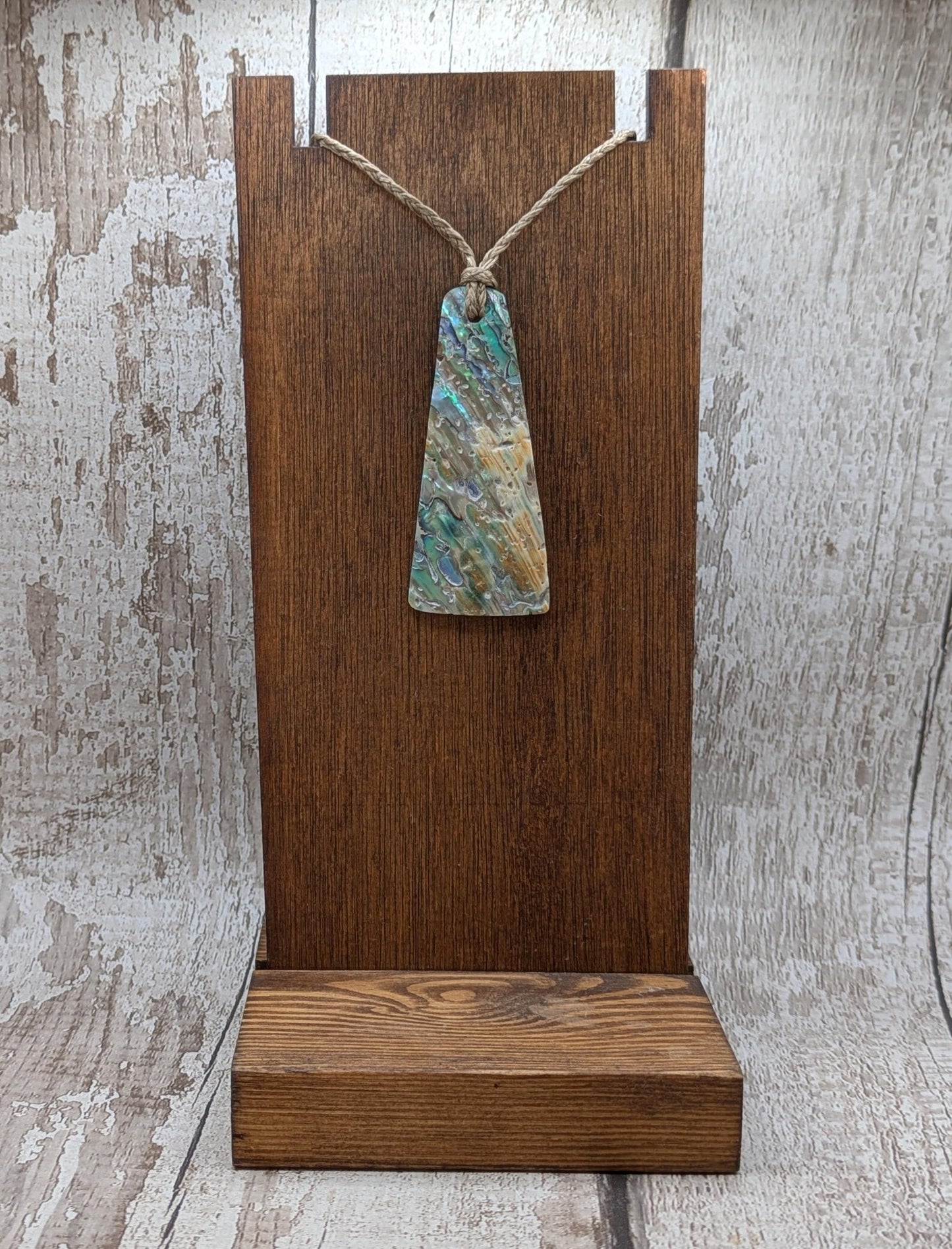 New Zealand Rainbow pāua shell pendant - iridescent abalone necklace, trapezoid shape, oceanic gift, hand crafted jewellery.