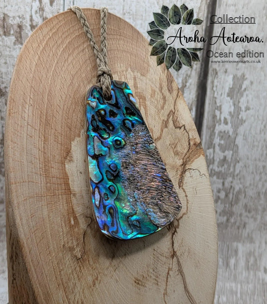 new Zealand rainbow pāua abalone pendant, ocean linked, iridescent Talisman, statement pendant