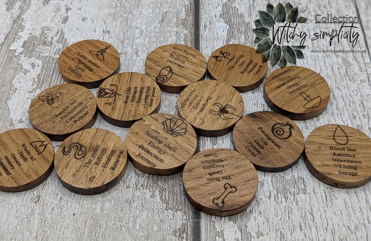Earthly goddess oak wood laser printed oracle tiles set.