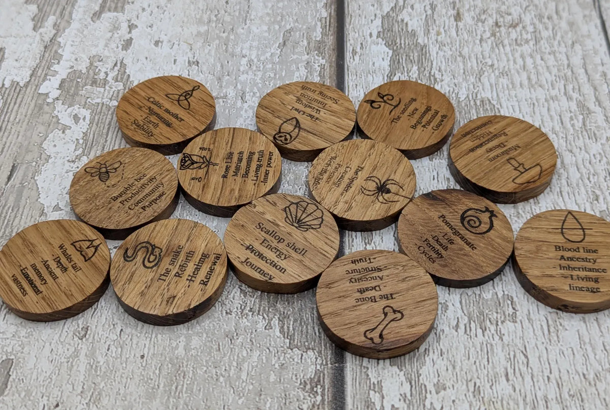 Earthly goddess oak wood laser printed oracle tiles set.