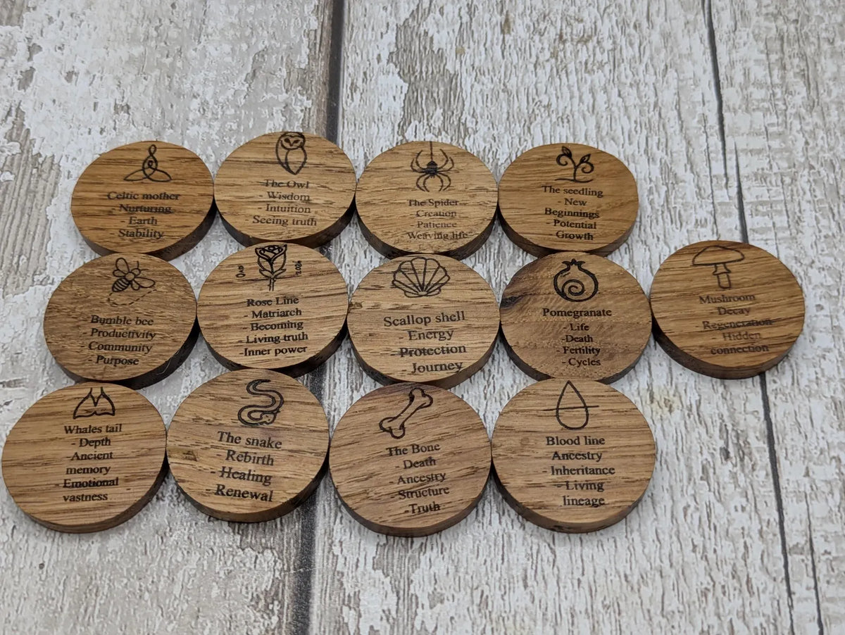 Earthly goddess oak wood laser printed oracle tiles set.