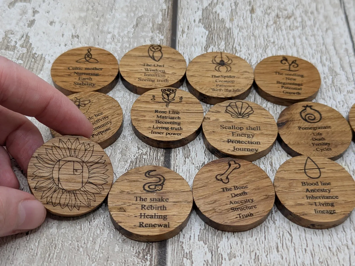 Earthly goddess oak wood laser printed oracle tiles set.
