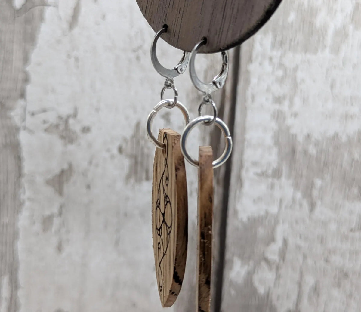 Oak wood British museum Celtic pattern book design earrings with stainless steel findings.