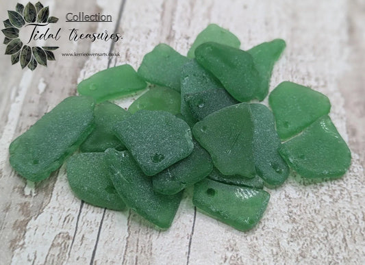 Tiny top drilled green sea glass, naturally tumbled, locally resourced crafting material, jewellery making beads.