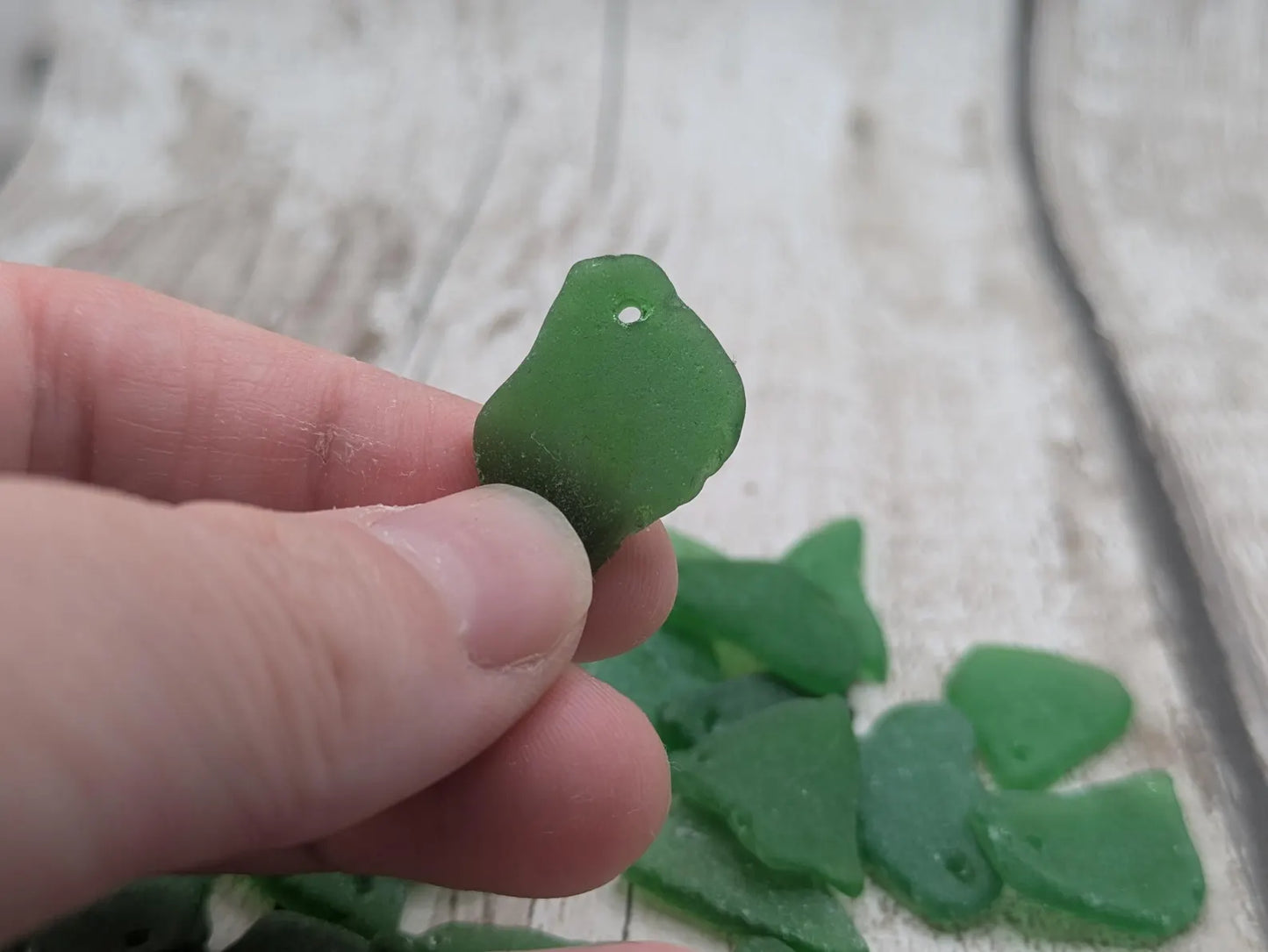 Tiny top drilled green sea glass, naturally tumbled, locally resourced crafting material, jewellery making beads.