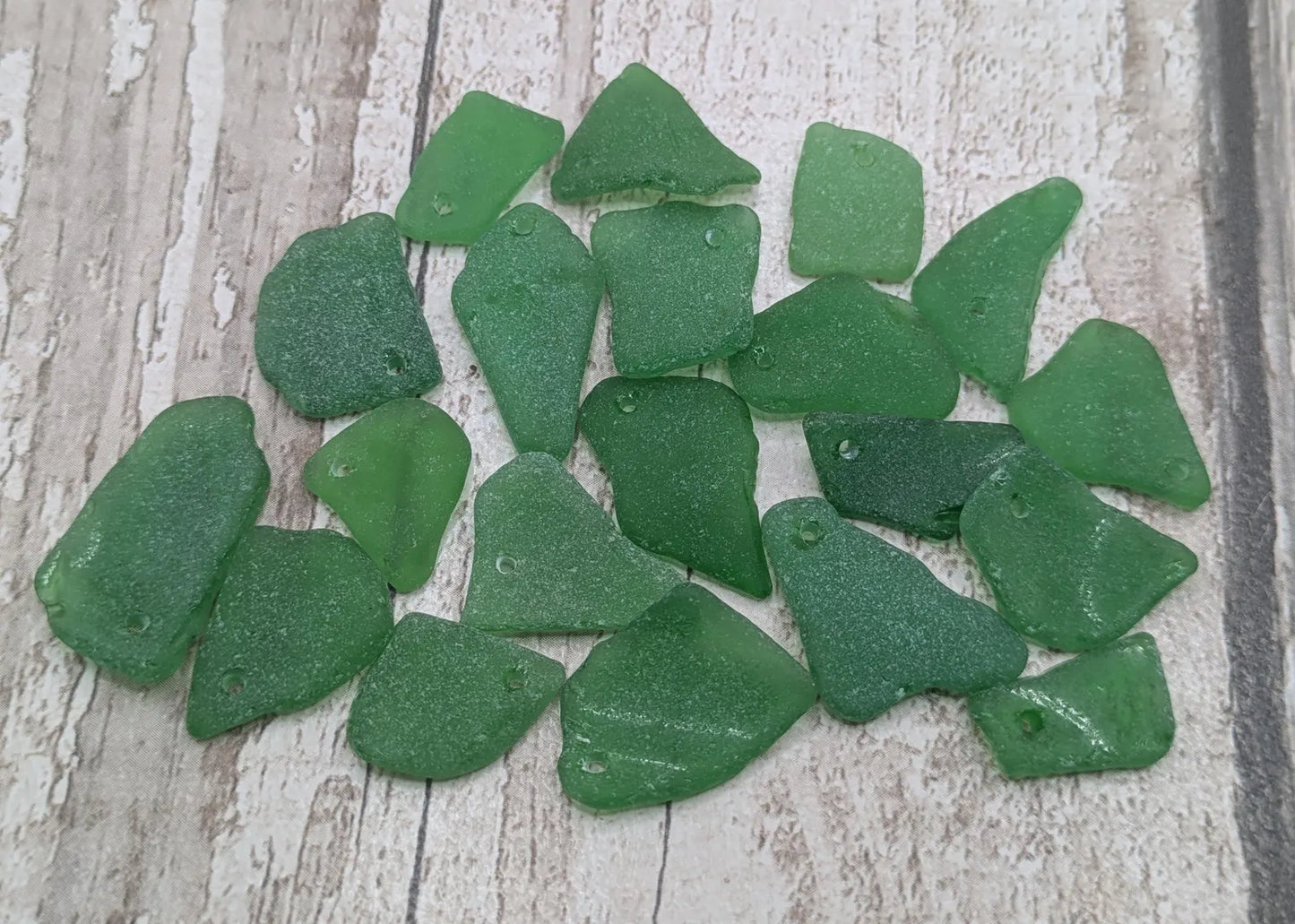 Tiny top drilled green sea glass, naturally tumbled, locally resourced crafting material, jewellery making beads.