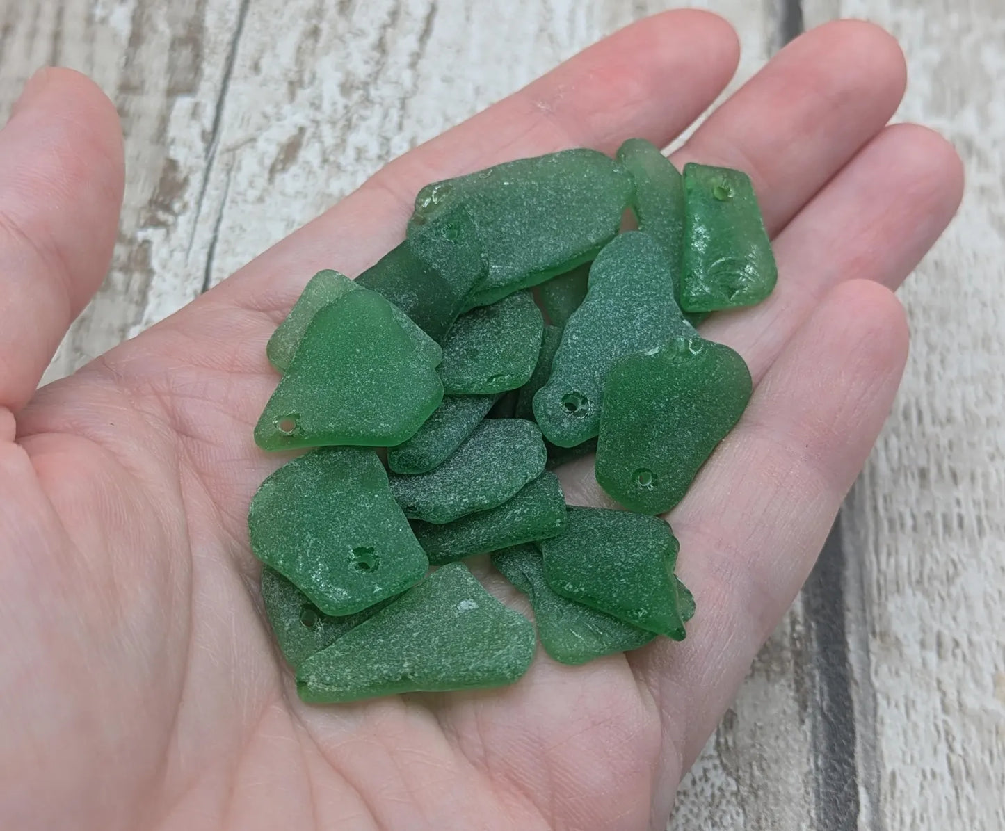 Tiny top drilled green sea glass, naturally tumbled, locally resourced crafting material, jewellery making beads.
