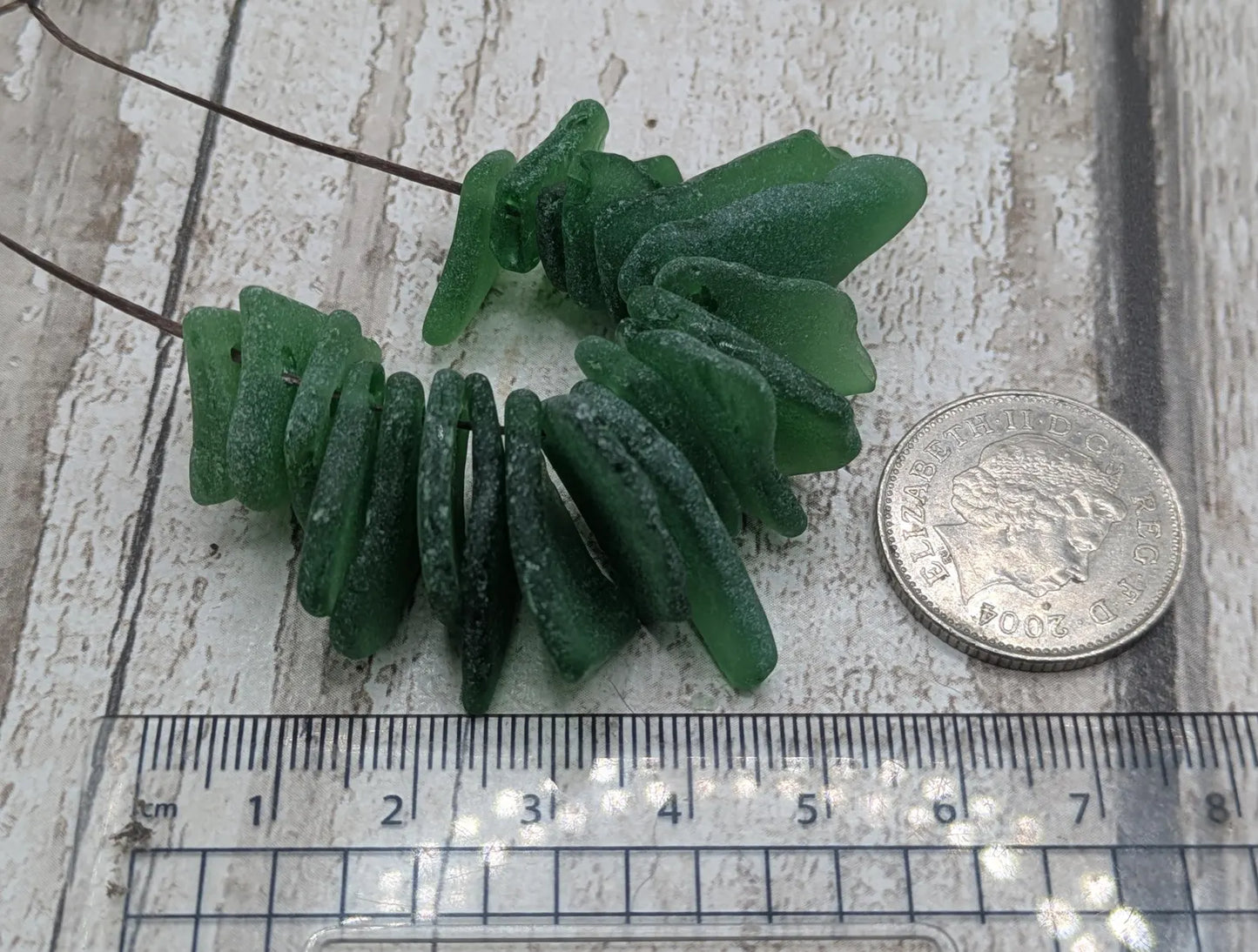 20 green centre drilled sea glass beads, centre drilled, locally resourced crafting material, frosted finish.