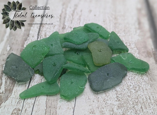 20 green centre drilled sea glass beads, centre drilled, locally resourced crafting material, frosted finish.
