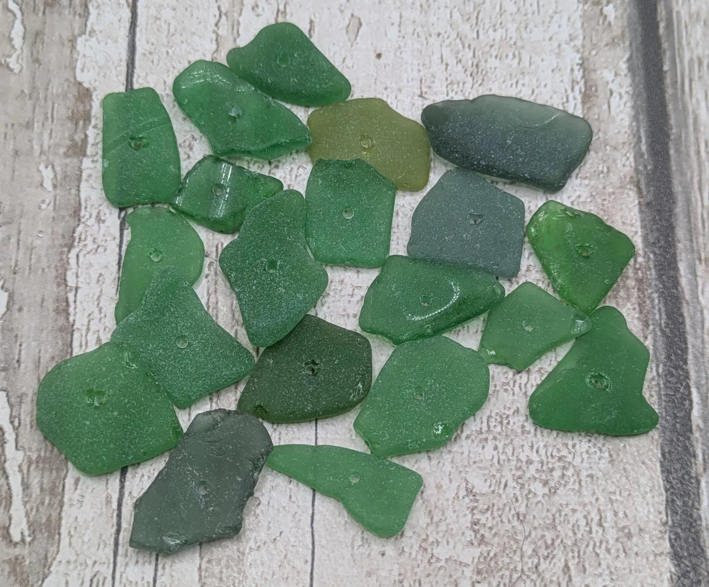 20 green centre drilled sea glass beads, centre drilled, locally resourced crafting material, frosted finish.