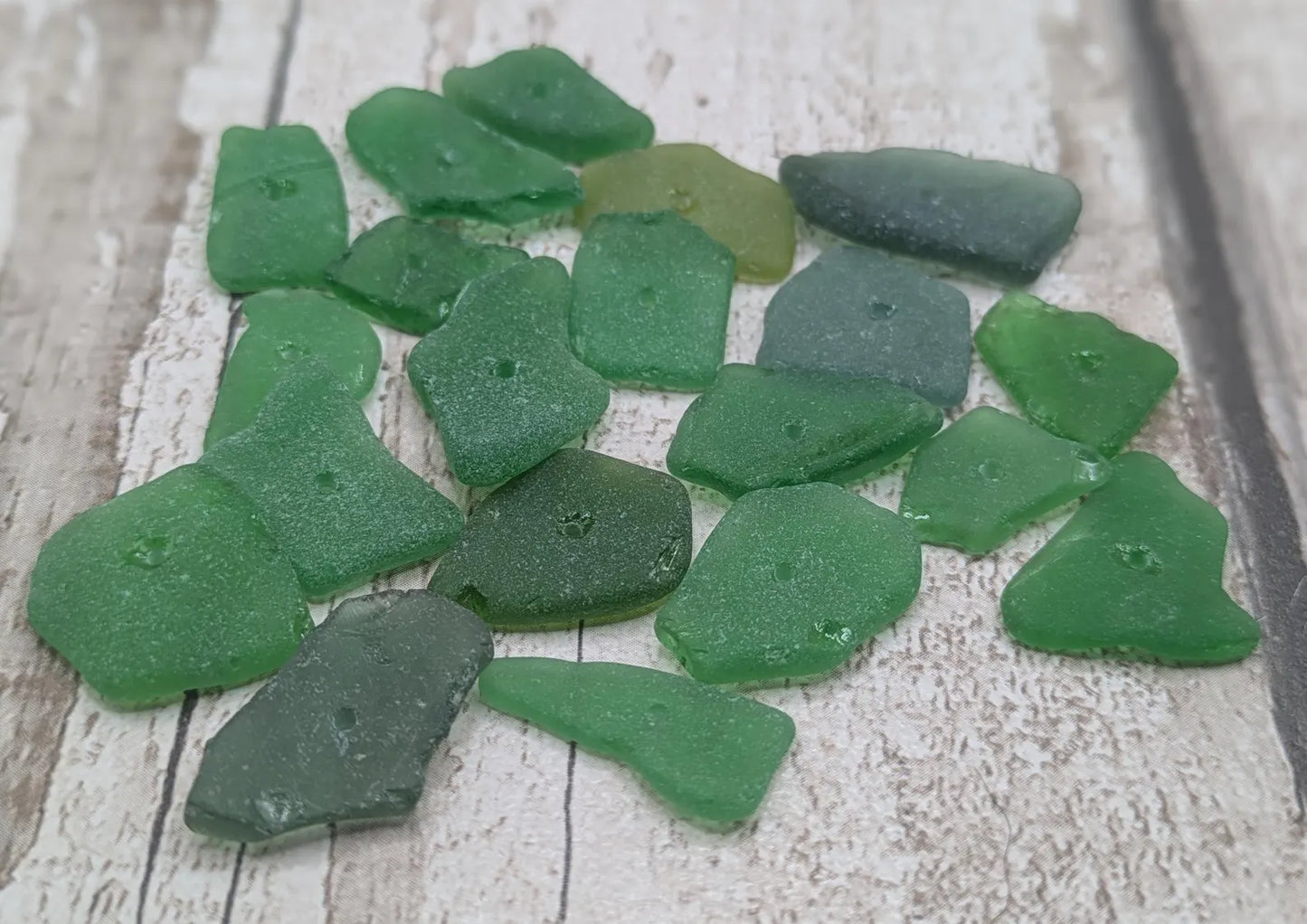 20 green centre drilled sea glass beads, centre drilled, locally resourced crafting material, frosted finish.