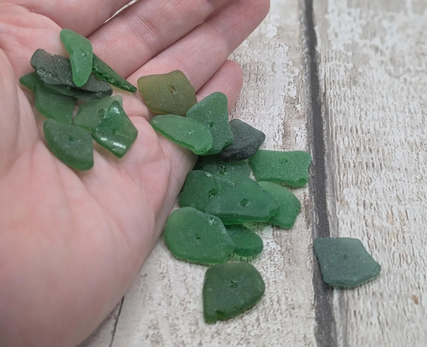 20 green centre drilled sea glass beads, centre drilled, locally resourced crafting material, frosted finish.