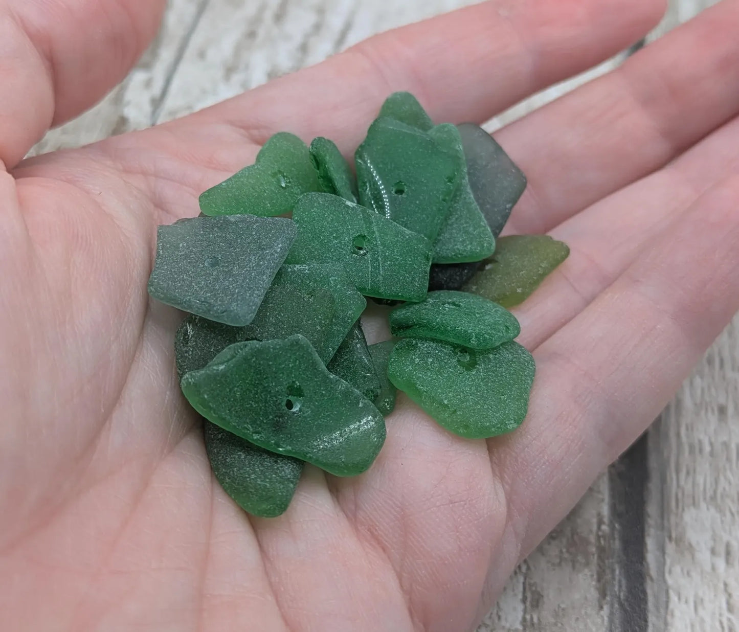 20 green centre drilled sea glass beads, centre drilled, locally resourced crafting material, frosted finish.