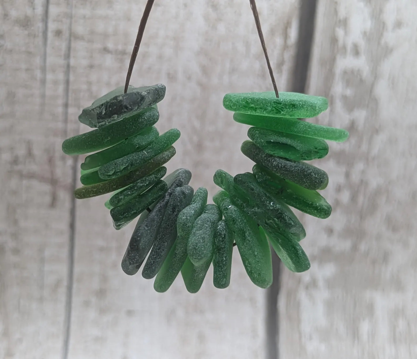 20 green centre drilled sea glass beads, centre drilled, locally resourced crafting material, frosted finish.