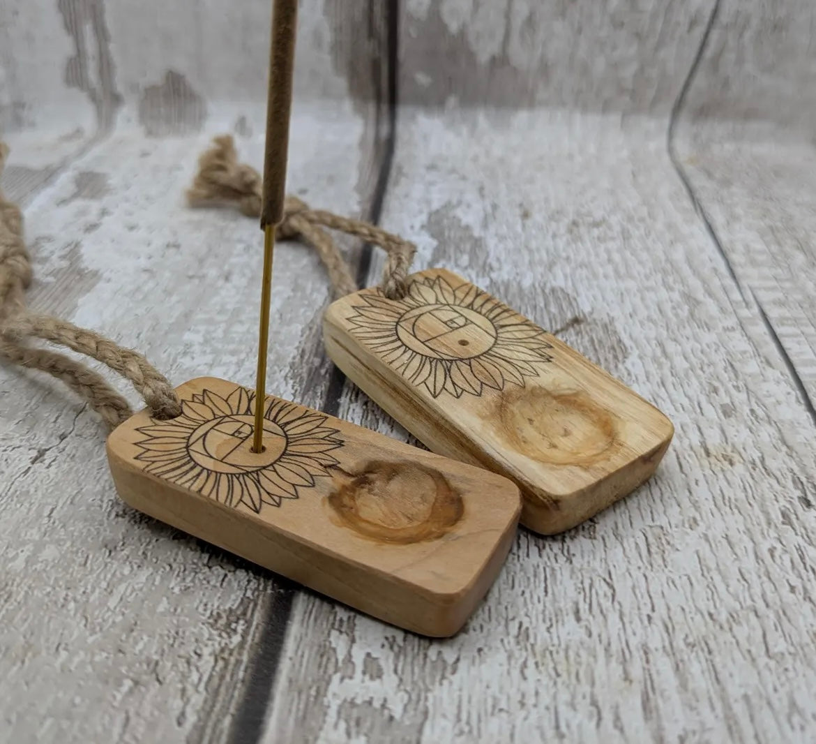 Sunflower Fibonacci travel sized wooden incense holder.