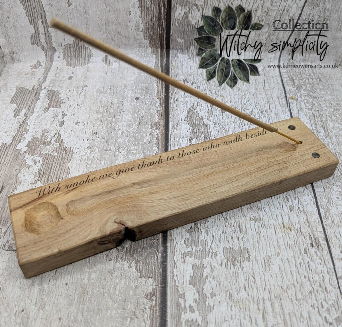 Holly wood hand chiseled, incense holder with NZ abalone and laser printed ancestral saying.