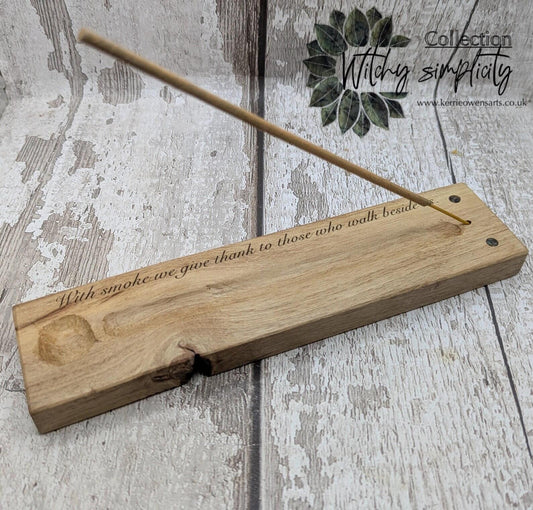 Holly wood hand chiseled, incense holder with NZ abalone and laser printed ancestral saying.