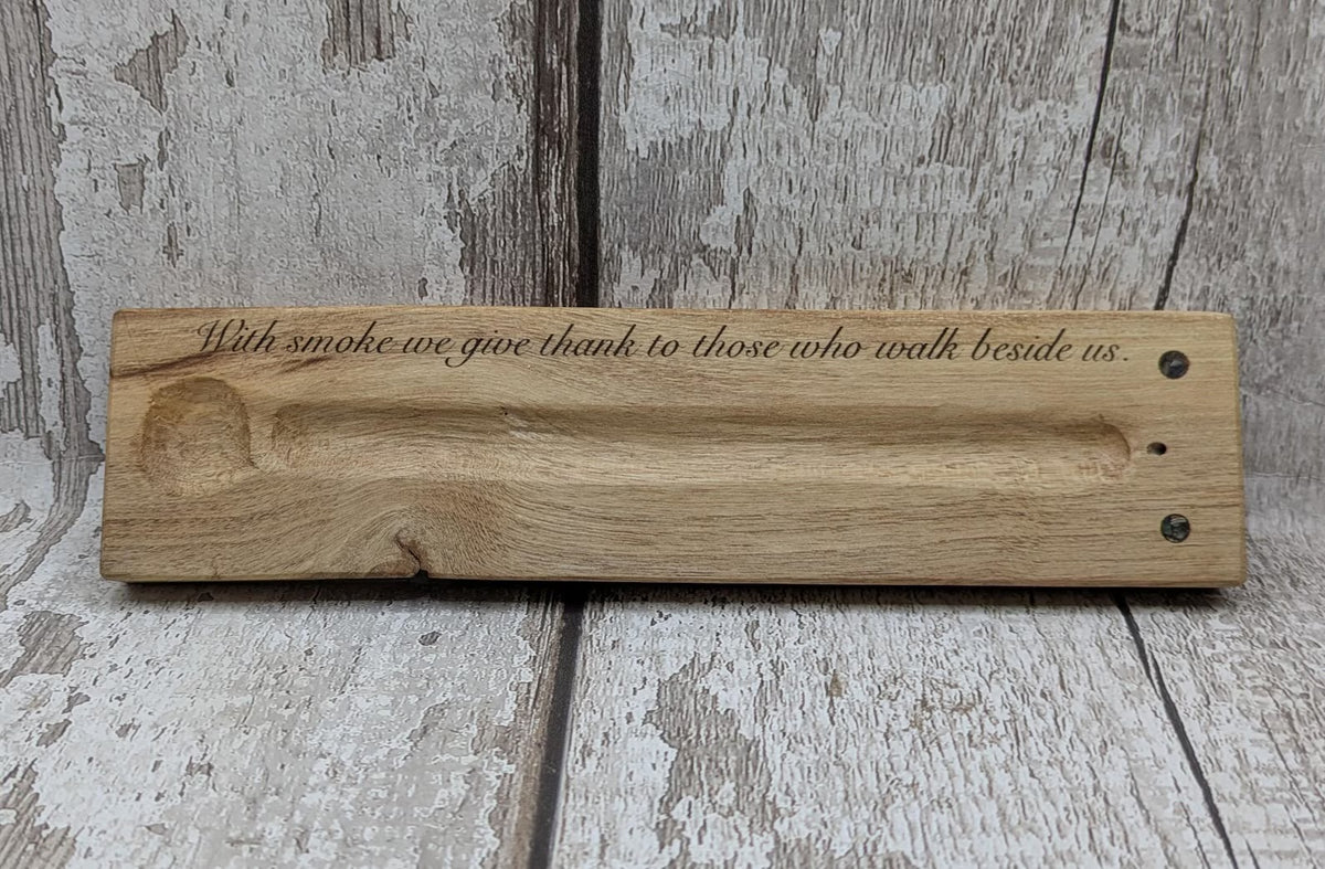 Holly wood hand chiseled, incense holder with NZ abalone and laser printed ancestral saying.
