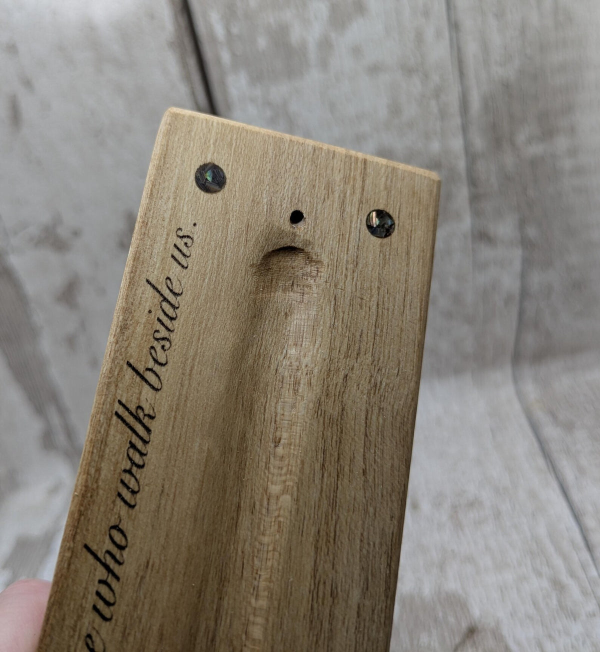 Holly wood hand chiseled, incense holder with NZ abalone and laser printed ancestral saying.