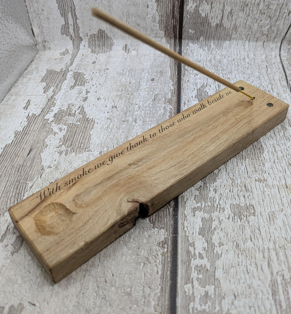 Holly wood hand chiseled, incense holder with NZ abalone and laser printed ancestral saying.