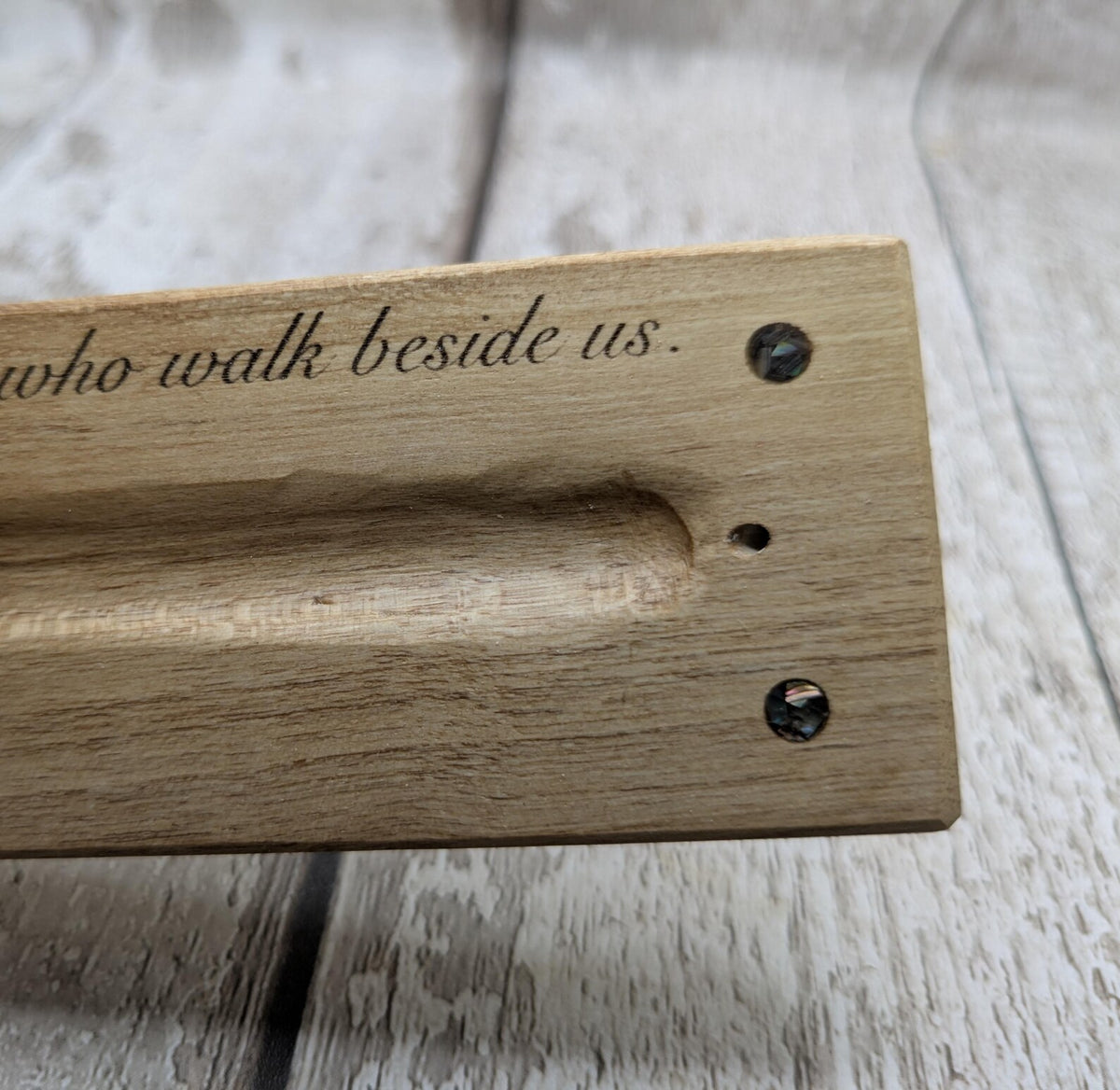 Holly wood hand chiseled, incense holder with NZ abalone and laser printed ancestral saying.