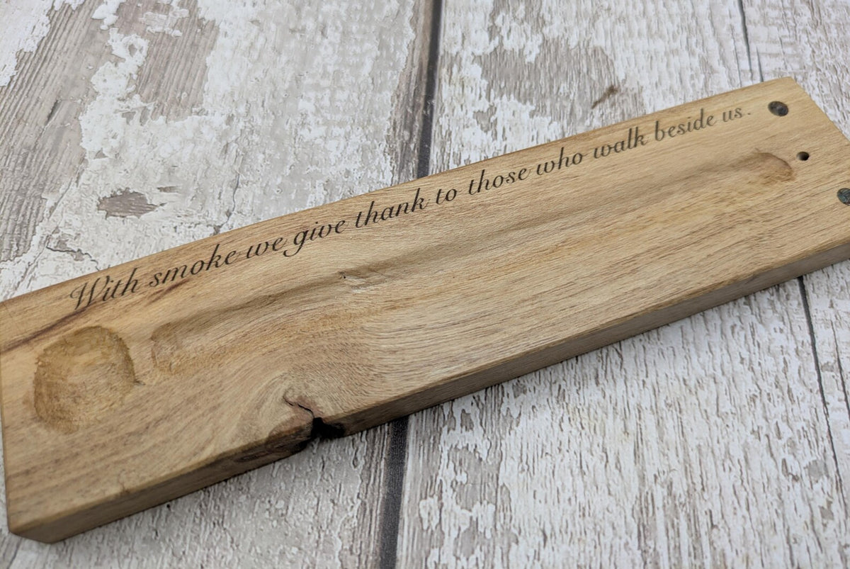 Holly wood hand chiseled, incense holder with NZ abalone and laser printed ancestral saying.