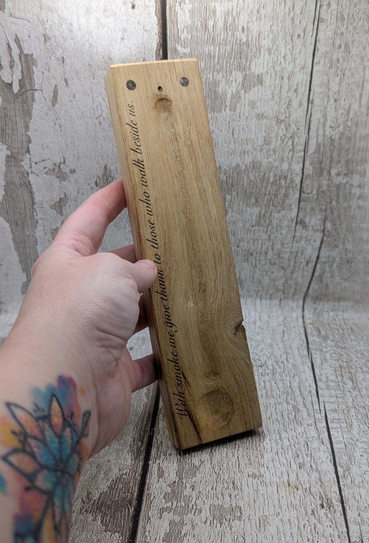 Holly wood hand chiseled, incense holder with NZ abalone and laser printed ancestral saying.
