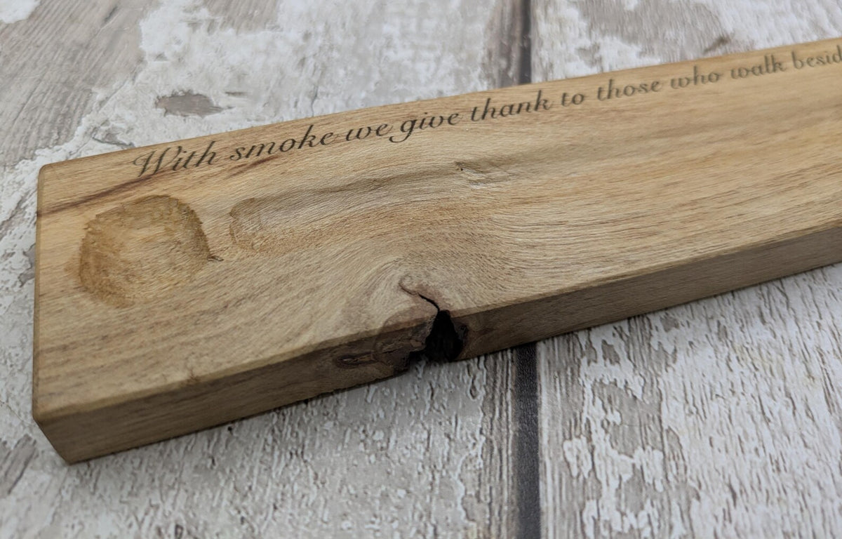 Holly wood hand chiseled, incense holder with NZ abalone and laser printed ancestral saying.