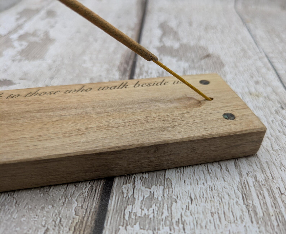 Holly wood hand chiseled, incense holder with NZ abalone and laser printed ancestral saying.
