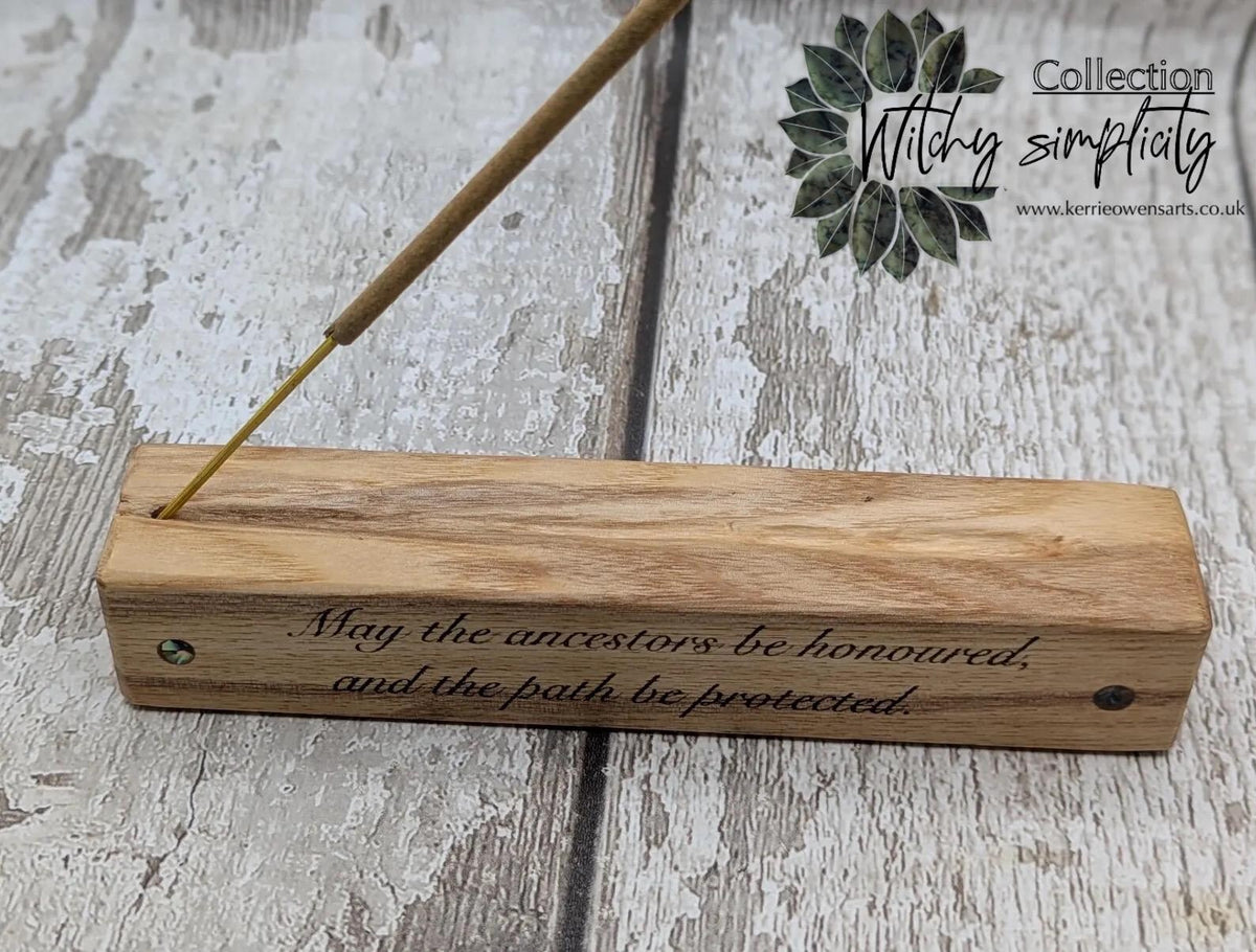 White oak block incense holder with laser printed ancestors print and no abalone.