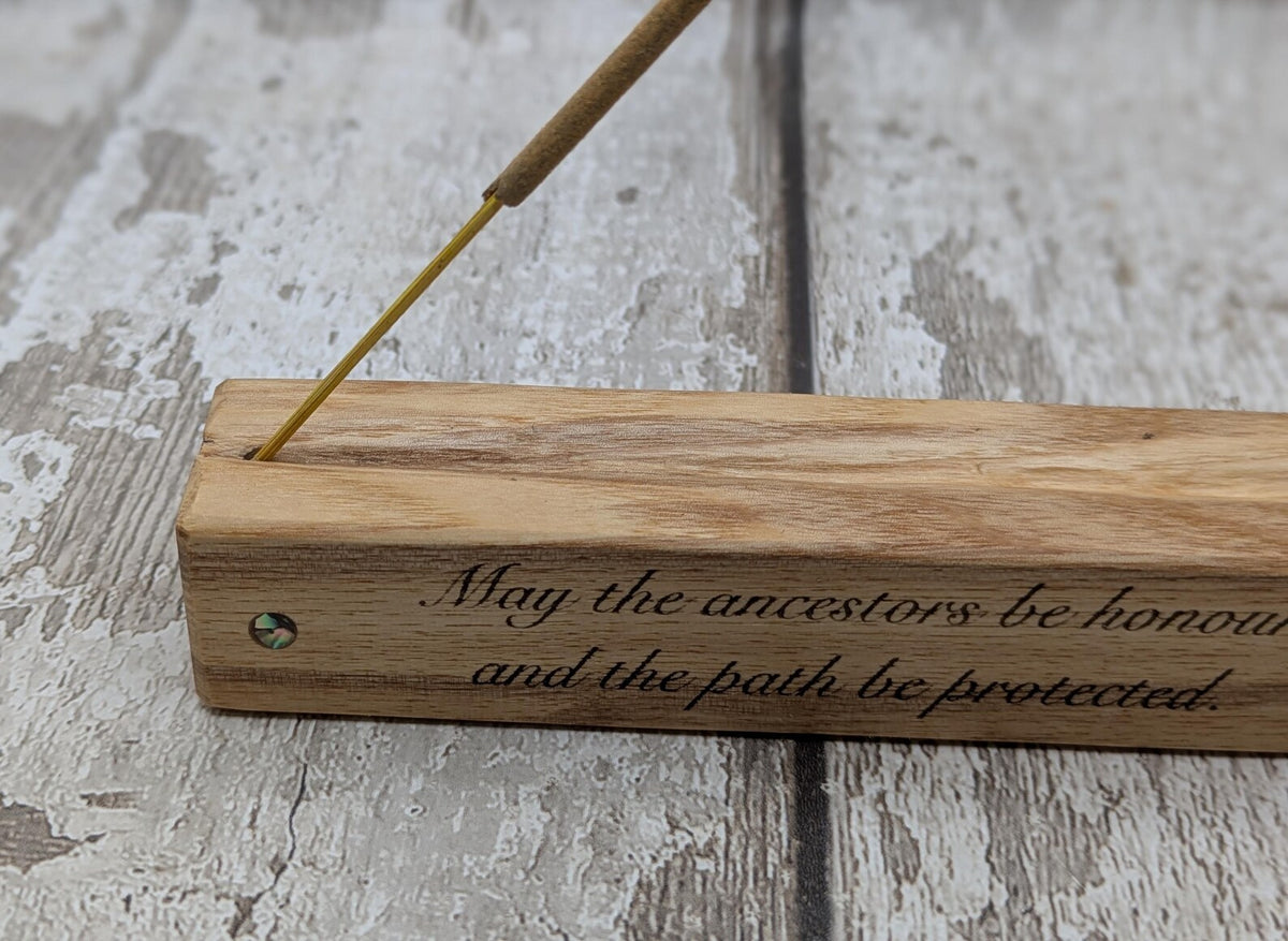 White oak block incense holder with laser printed ancestors print and no abalone.