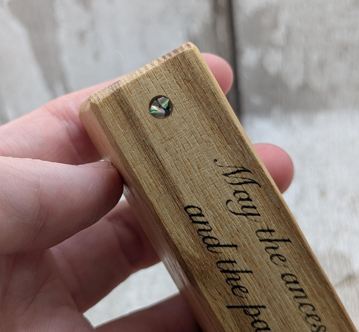 White oak block incense holder with laser printed ancestors print and no abalone.