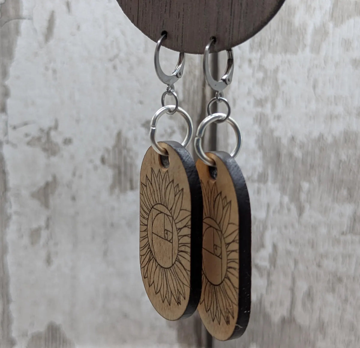 Lime wood sunflower Fibonacci hoop earrings.