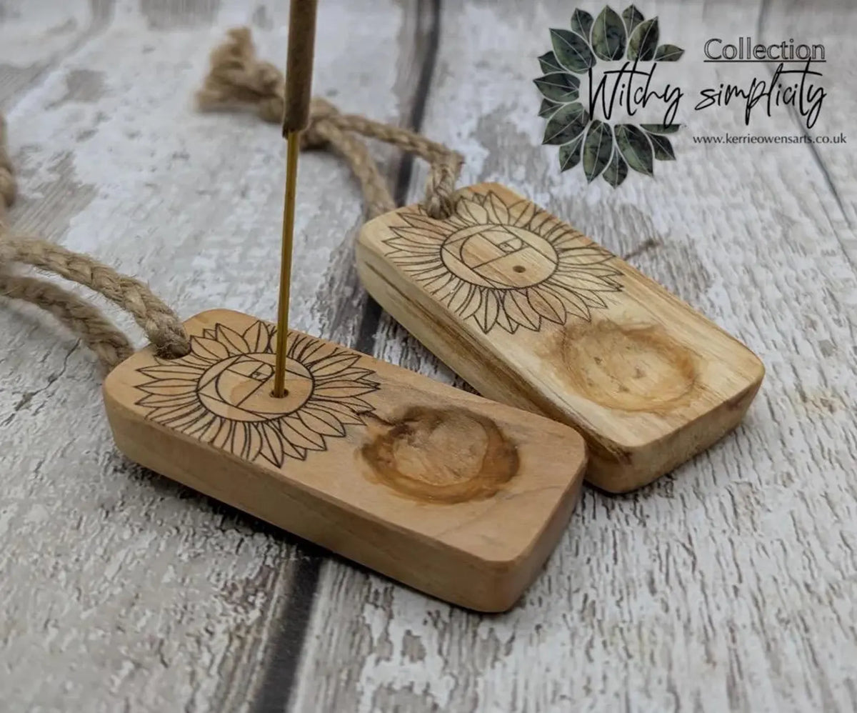 Sunflower Fibonacci travel sized wooden incense holder.