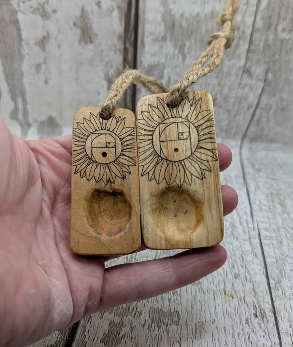 Sunflower Fibonacci travel sized wooden incense holder.
