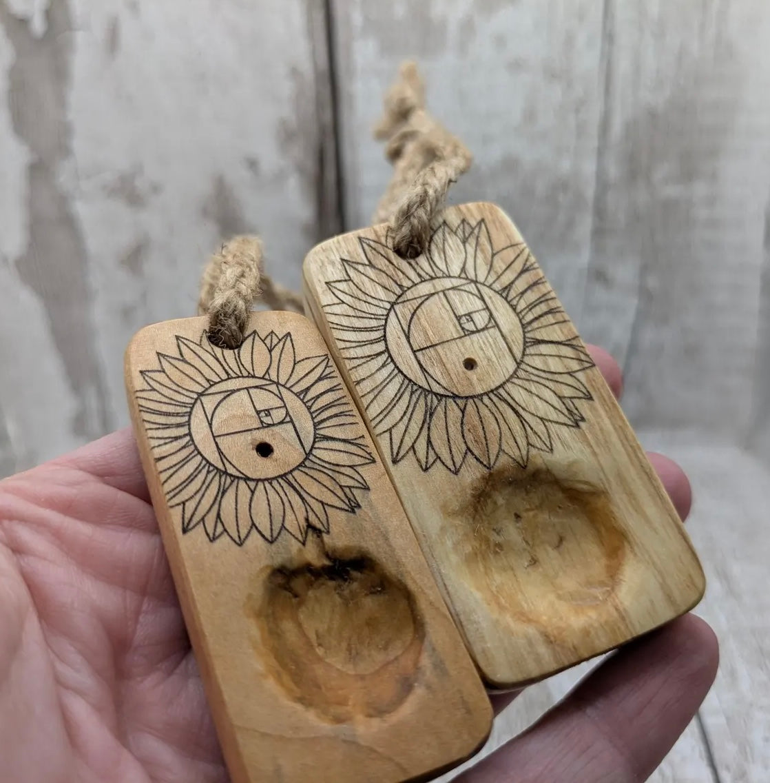 Sunflower Fibonacci travel sized wooden incense holder.