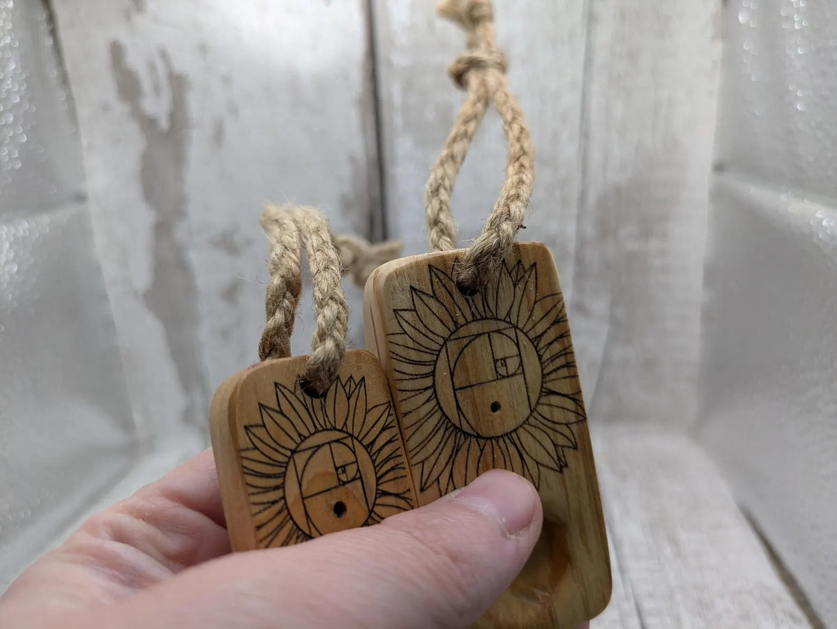 Sunflower Fibonacci travel sized wooden incense holder.